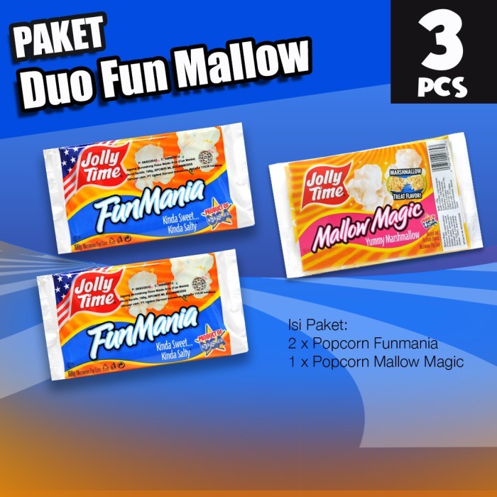

PAKET DUO FUN MALLOW (2FM, 1MM) - JOLLY TIME MIRCOWAVE POPCORN