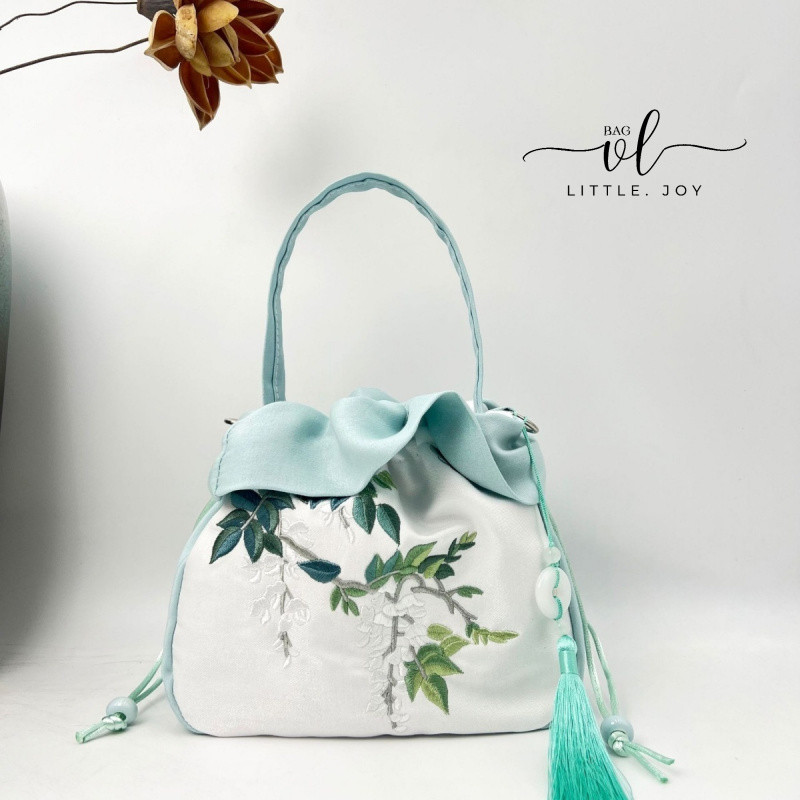 Tas bahu wanita bordir vintage, tas tangan mini, tas bucket serut katun linen