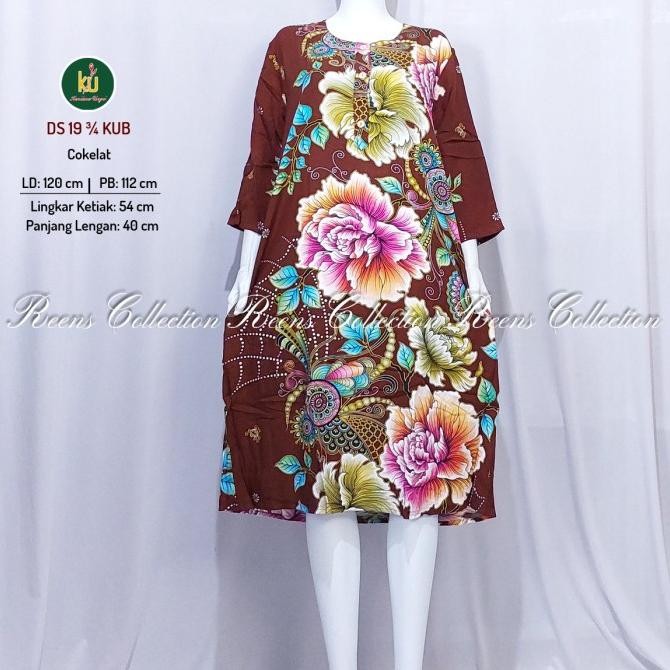 Grosir Kencana Ungu Daster 19 Lengan 3/4 Kub Label Biru | Daster Rayon 3 Kancing Depan Busui Panjang