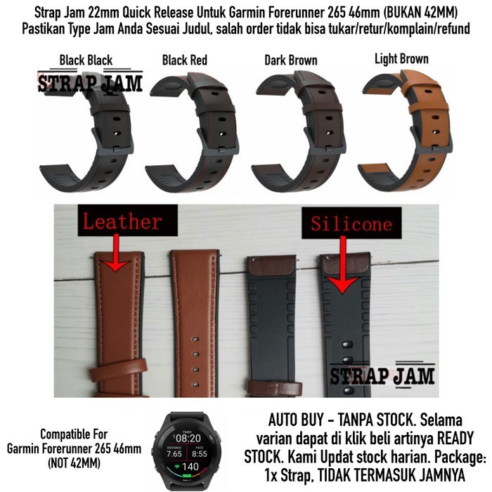 QRH Strap Garmin Forerunner 265 46mm - Tali Jam 22mm Leather Kulit
