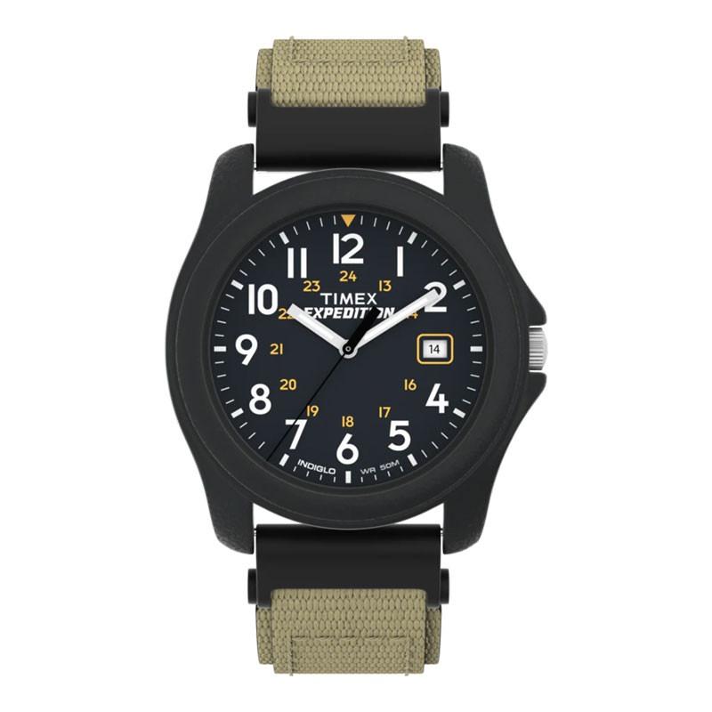 Jam Tangan Pria Timex Expedition Camper T42571 Indiglo Black Dial Khaki Fabric Strap