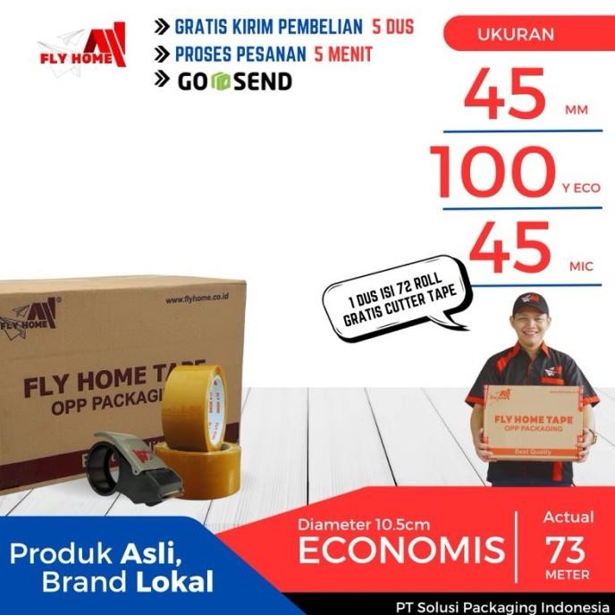 

FLYHOME LAKBAN COKLAT 1 DUS 100YARD 45MM X 100YARD 72 ROLL ECO INSTAN ASLI