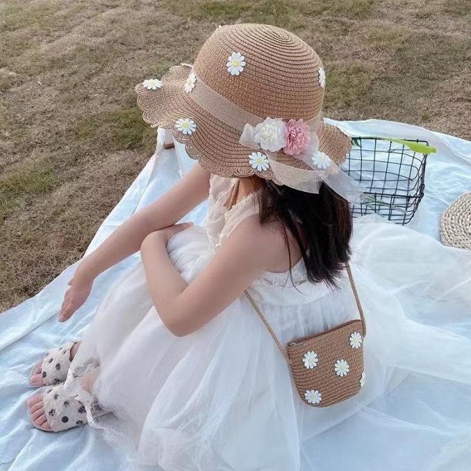 Topi Pantai Anak + Tas Jerami Rajut Bunga Korea Import 1 Set
