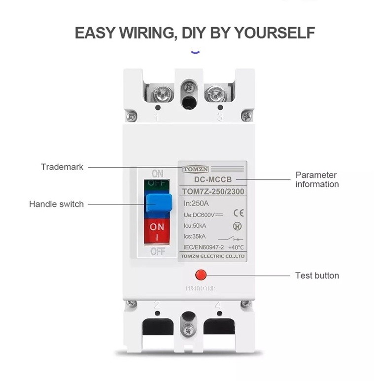 MCCB 2P DC 600V DC Perlindungan Kelebihan Beban Pemutus Sirkuit PV Fotovoltaik