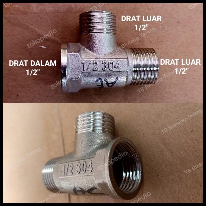 Tee T Drat Dalam Drat Luar 1/2" Inch Sambungan Pipa Besi Babet Chrome