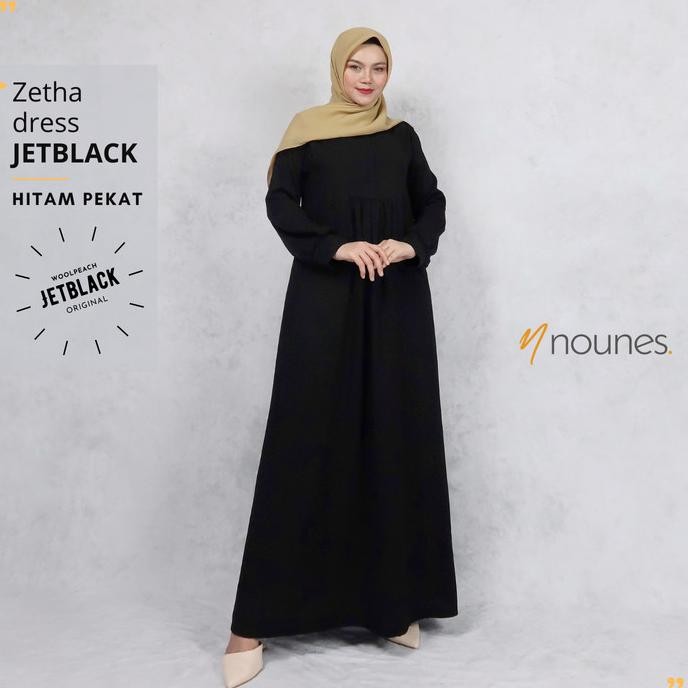 Nounes Zetha Dress Woolpeach JETBLACK Gamis Polos Hitam Pekat