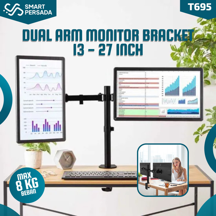 Monitor Dual Arm Stand Bracket Braket Breket Monitor Meja Komputer 27"