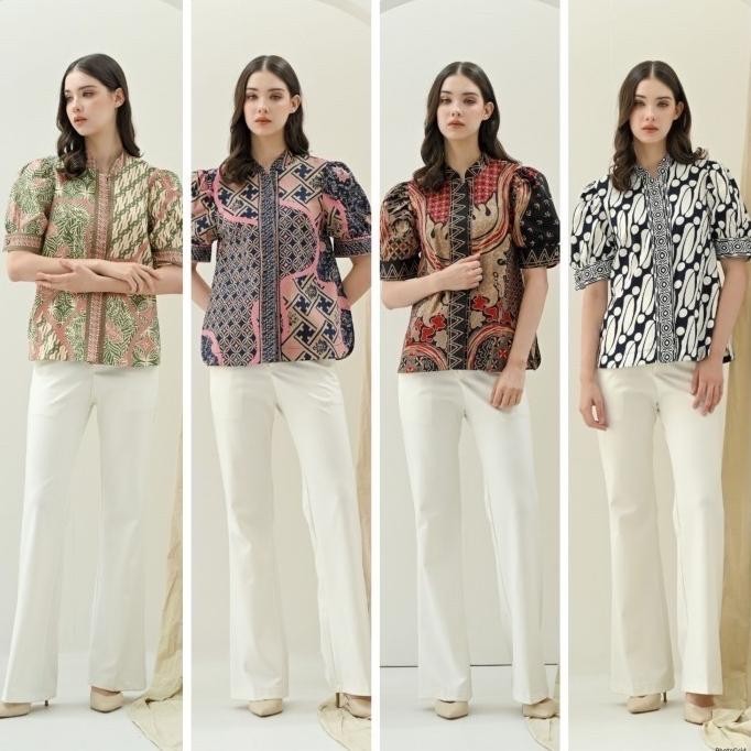 Atasan Batik Wanita Modern Lengan Balon / Seragam Kantor Lengan Pendek