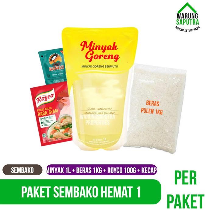 

Paket Sembako Hemat Untung 1 - Minyak 1L + Beras 1Kg + Royco + Bango