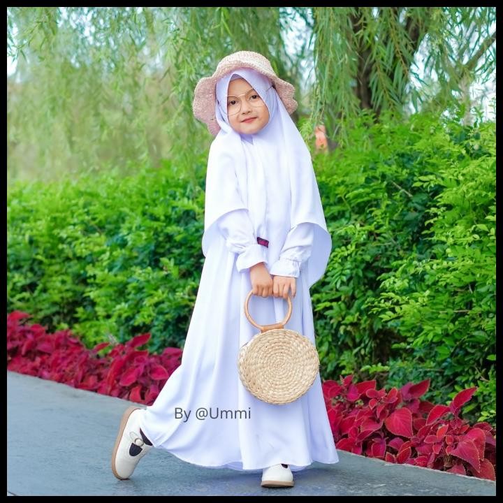 Gamis Ummi Polos Anak Perempuan Syar'I Set Hijab Warna Putih Produk Terlaris