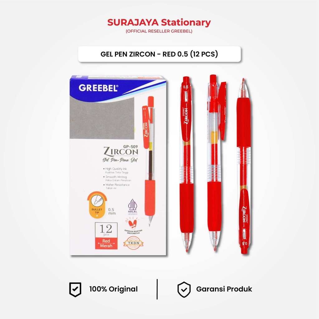 

GREEBEL PULPEN GEL / Gel Pen Zircon GP-509 0.5 Merah (12PCS/SET) / Ballpen Gel Ballpoint Bolpen Bolpoin Pena Gel