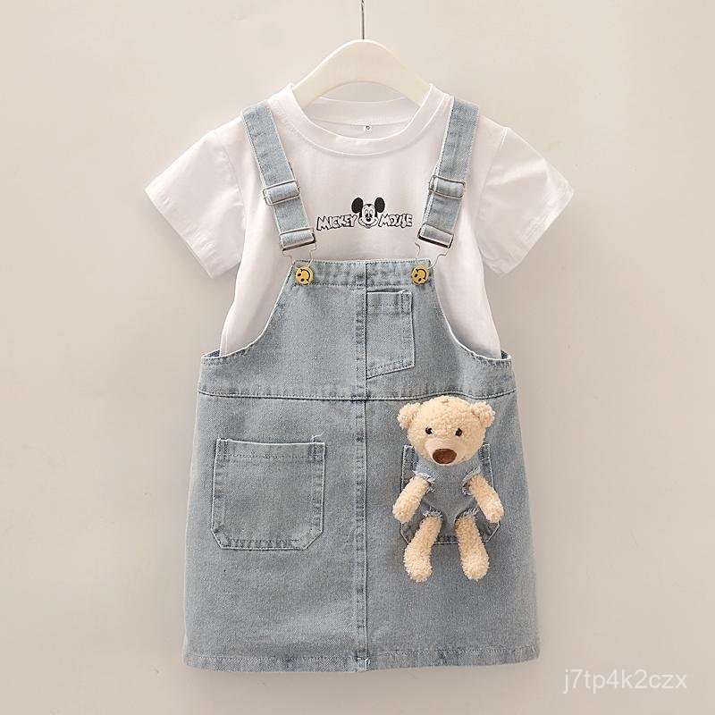 Gaun Suspender Anak Perempuan Set Dua Potong Lengan Pendek Denim Beruang