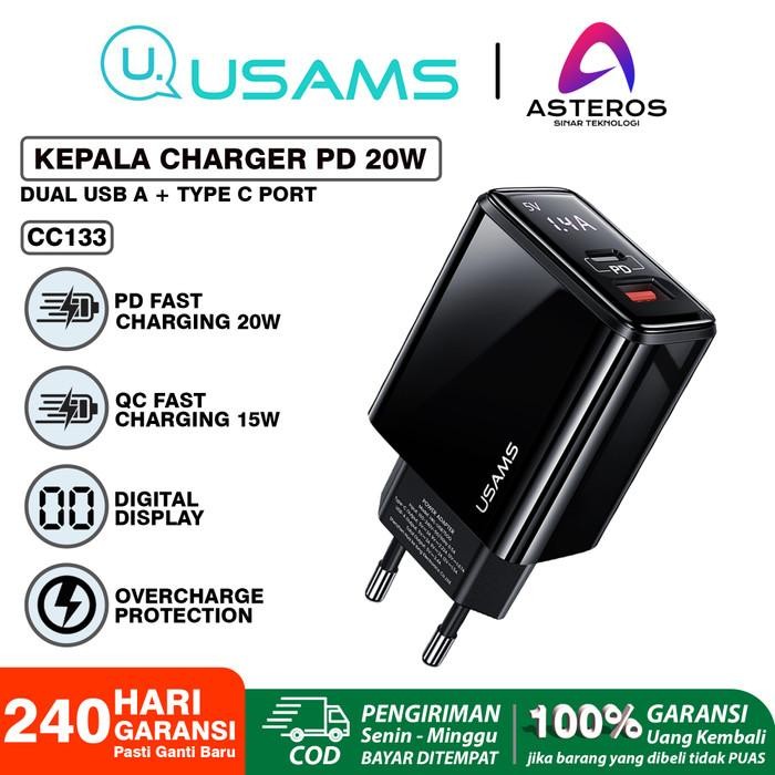 USAMS T40 ADAPTOR CHARGER IPHONE PD FAST CHARGING 20W DUAL PORT QC3.0