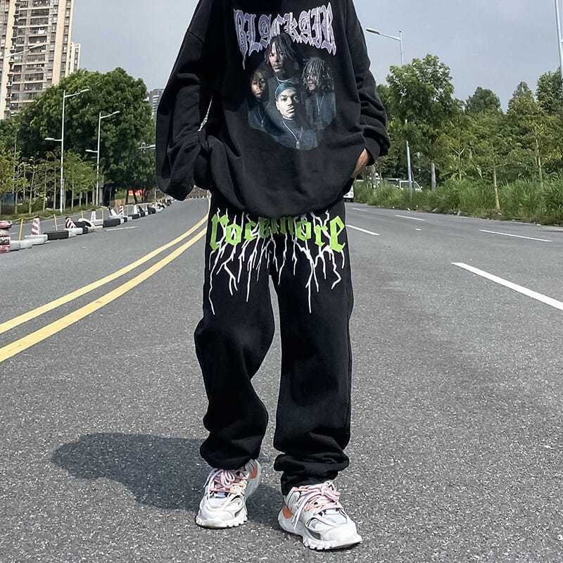 Celana Kasual Lurus Jeans Hitam Cetak Petir