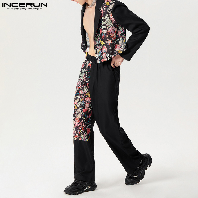 INCERUN Setelan Jaket + Celana Lengan Panjang Potong Pria, Set Dua Potong Renda Tambal Sulam Fashion