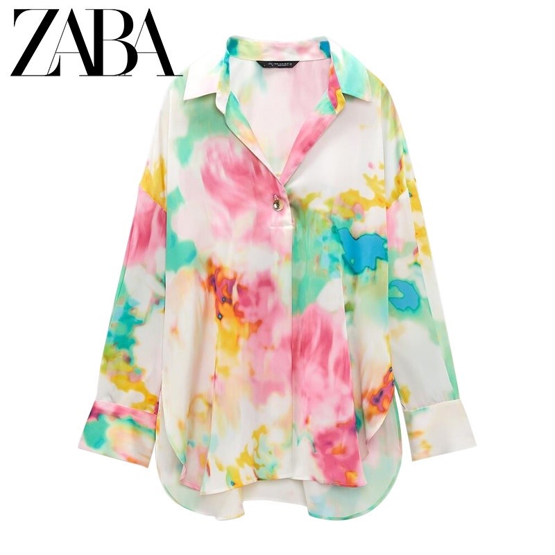 Blus Zara 2022 Musim Gugur Gaya Baru Musim Panas Produk Baru Tie-Dye Longgar Dicetak Kemeja Lengan P