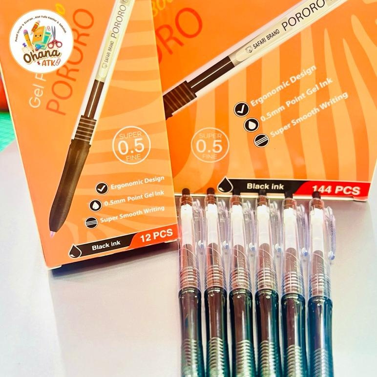 

New Arival (12 pcs) Pulpen Gel PORORO SAFARI SF-800 KOKORO Hitam 0.5 Hemat