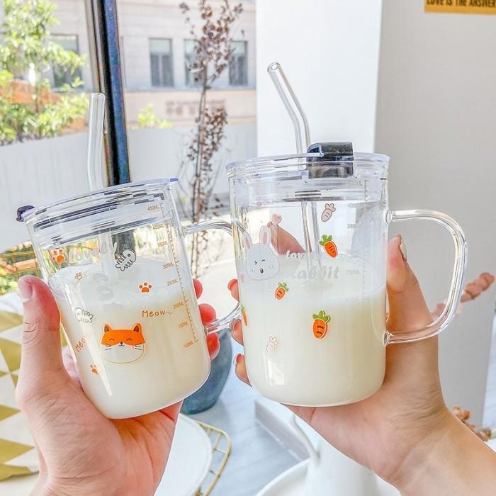 Cangkir Beling Gelas Kopi Mug Susu Tumbler Tutup Plastik Sedotan Kaca