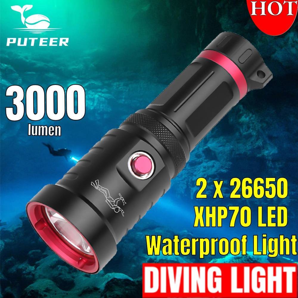 IPX8 Waterproof Diving Senter XHP70.2 Lampu LED Putih Untuk Menyelam Underwater100m 26650 18650 Bate
