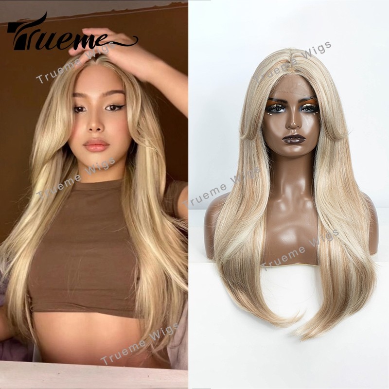 Trueme Wig Renda Depan Sintetis Wig Renda Panjang Lurus dengan Poni Wig Pirang Oranye Ombre untuk Wa
