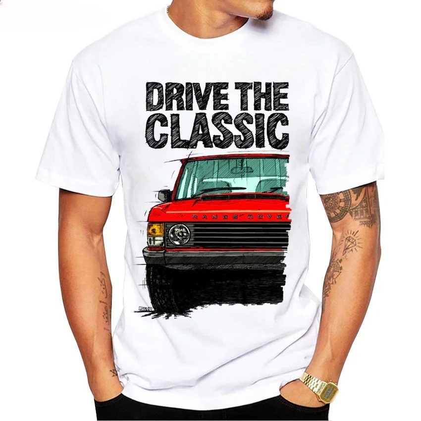 Pria Mengendarai Kaos Pria Balap Offroad Range Rover Klasik Desain Mobil Harajuku Putih