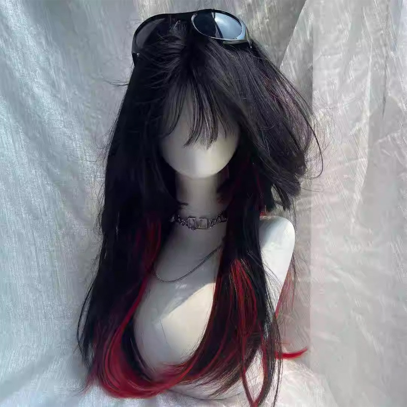 Wig Rambut Lurus Panjang Potongan Putri Highlight Hitam dan Merah Wig Simulasi Gotik Wig Kepala Penu