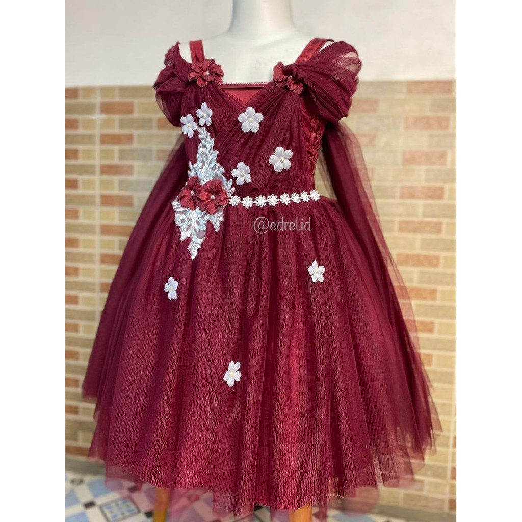 DRESS TUTU MIST MAROON BUNGA PUTIH SELENDANG  GAUN PESTA PARTY ANAK BALITA PEREMPUAN BEST SELLER MUR