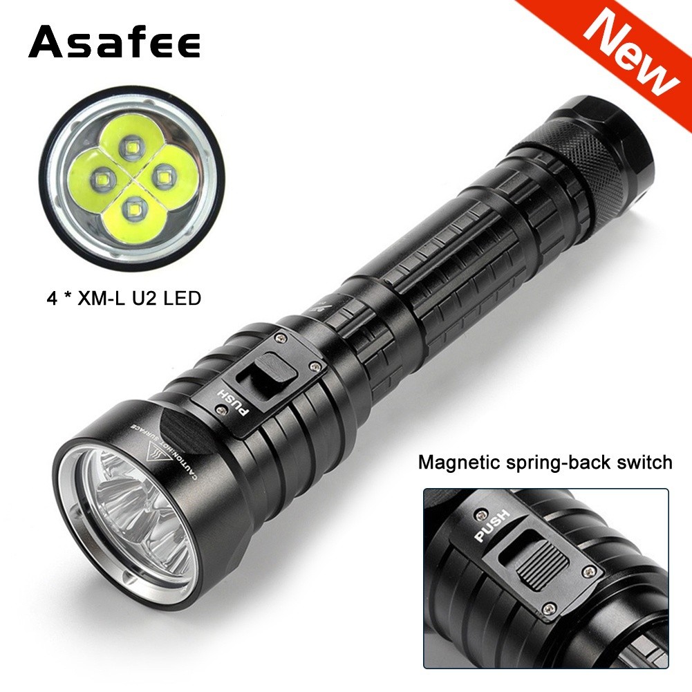 Asafee Dx4 Senter Scuba Selam 8000 Lumen 4 X L2 Senter Tahan Air Led dengan Baterai Lithium 18650 26