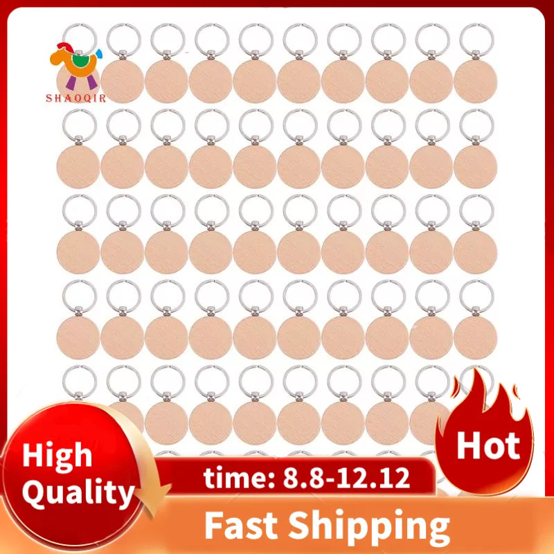 60Pcs Gantungan Kunci Kayu Bulat Kosong Buatan Sendiri Gantungan Kunci Kayu Label Kunci Dapat Menguk