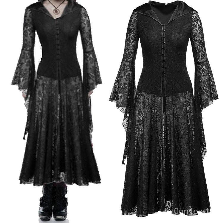 Cross-Border Women's Clothing Medieval Black Dress Gothic Retro Mid-Length DressLolitaLolita Black L
