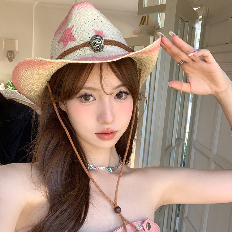 Topi Denim Barat Musim Panas Topi Pelindung Matahari Wanita Topi Jerami Keren Manis Topi Pantai Tepi