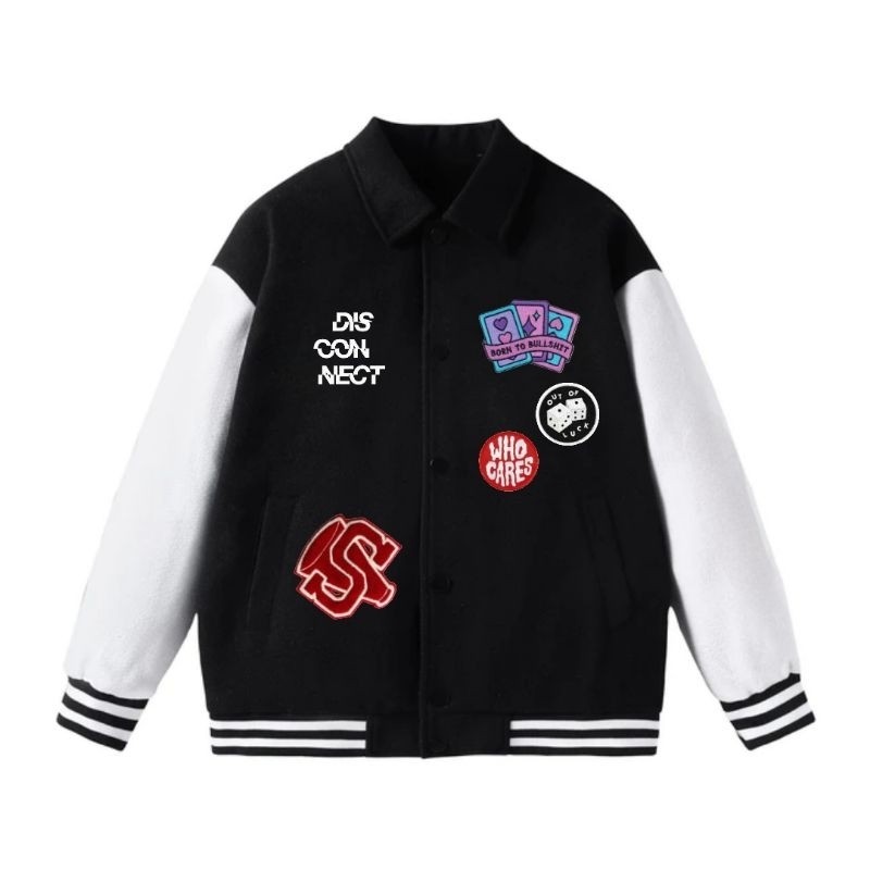 Epix Apparel Jaket Varsity WHO CARES Polo Collar Bordir Big Size Bomber Jacket Pria Wanita S M L XL 
