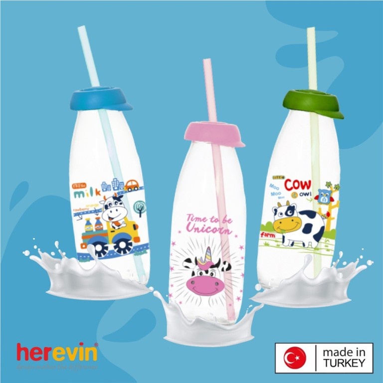 VO376 BOTOL SUSU MOTIF /BOTOL KACA DENGAN SEDOTAN/ DECORATED 500ml HEREVIN CUCI GUDANG