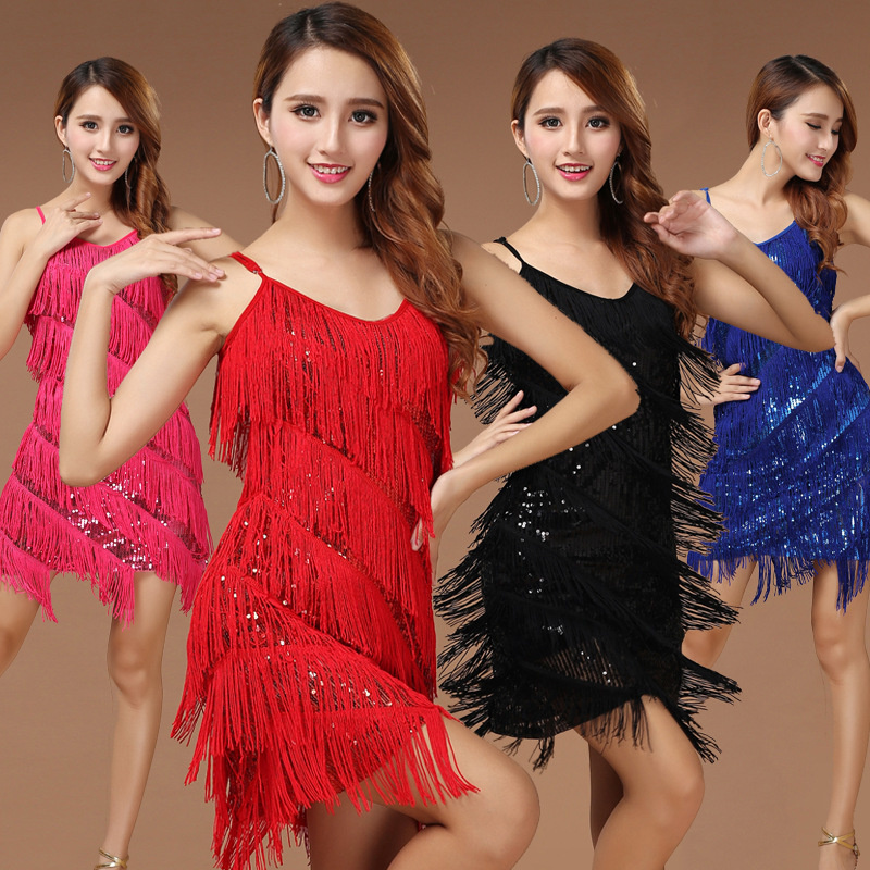 New Latin Dance Dress Costumes Sexy Nightclub Sequins Tassel Adult Latin Dance Skirt Dance Costume F
