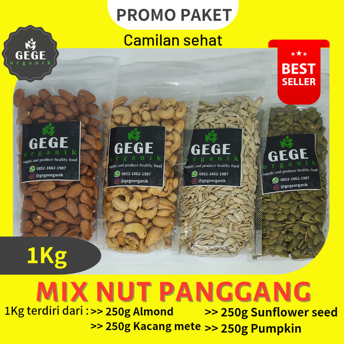 

Promo paket mix nut panggang almond, mete, sunflower seed, pumpkin 1kg