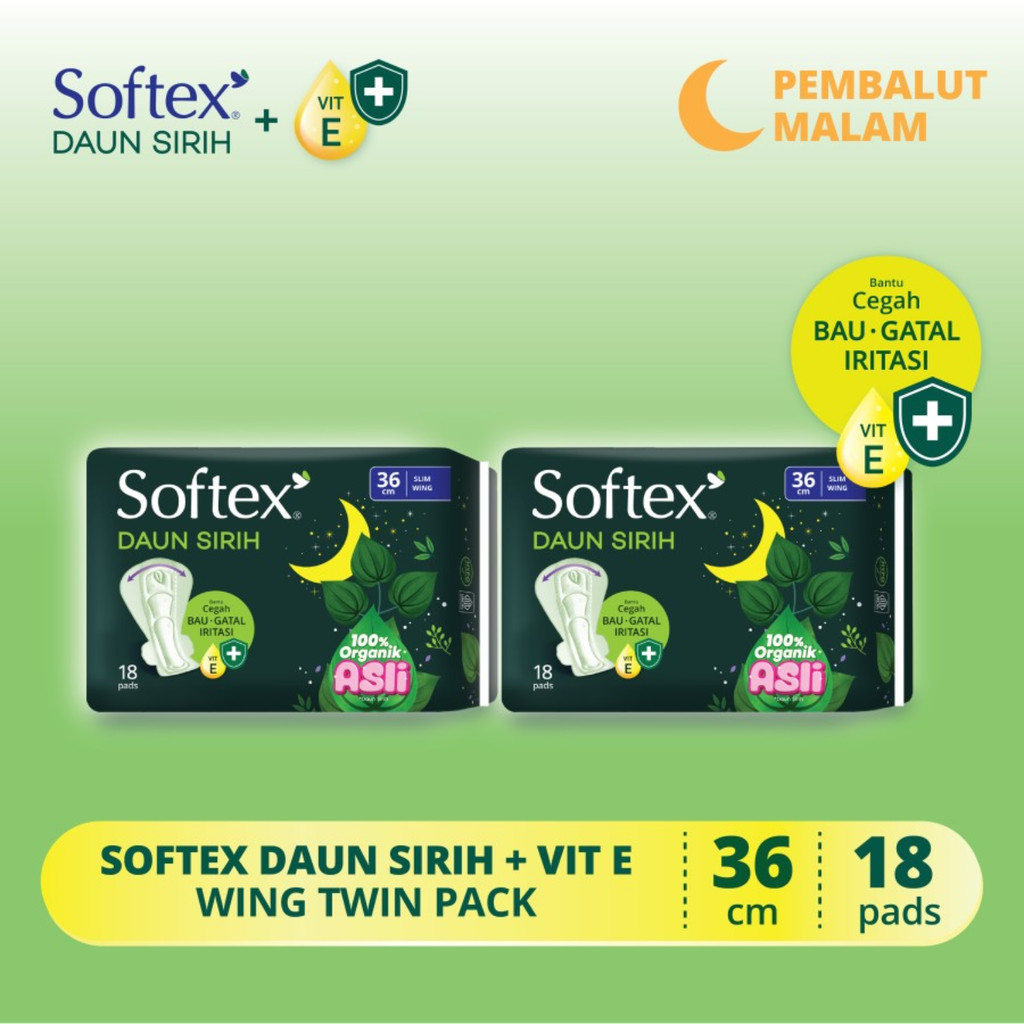 Softex Daun Sirih + Vitamin E Jumbo Pack 36cm 18s x 2 pcs - Pembalut Daun Sirih Malam