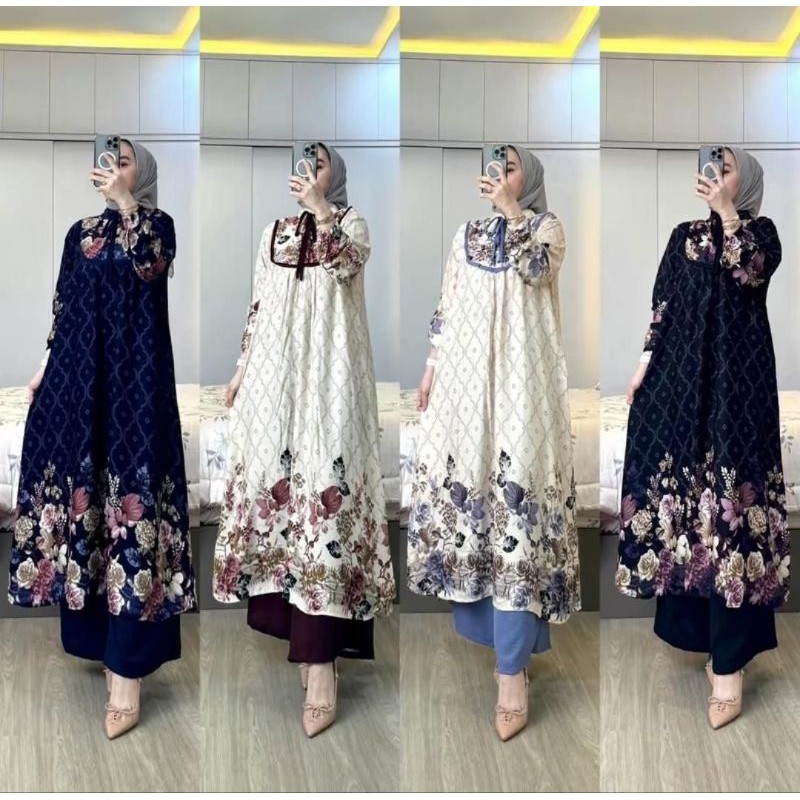 Abaya syari Setelan wanita NAGITA oneset long tunik bahan rayon diamond motif bunga mix crinkle by