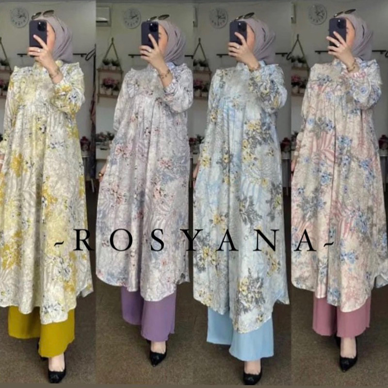 Abaya syari Setelan Long Tunik Motif Bunga Jasmine Kecil Bahan Rayon Diamond Celana Cringkel