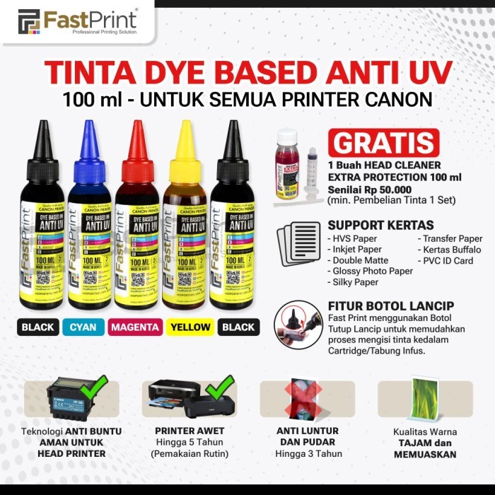 

Tinta Dye Based Anti UV Canon 1 Set - 5 Warna - 100 ML