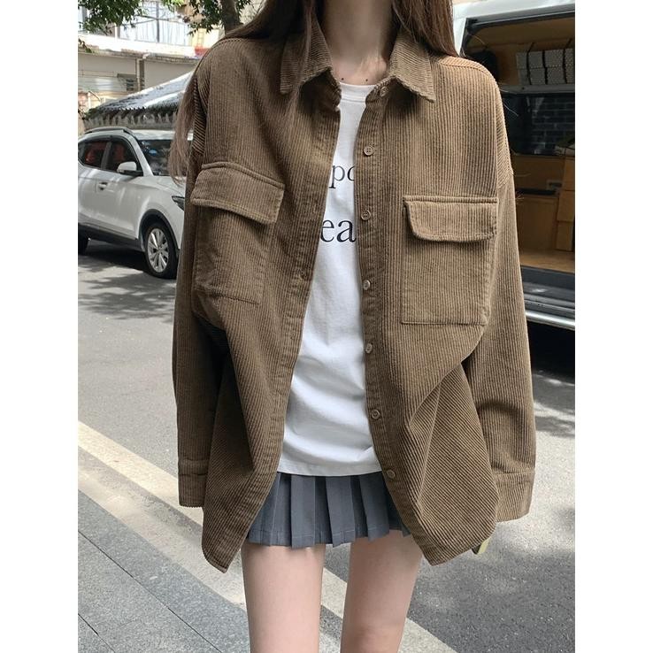 uk-68 Bordir Kemeja Corduroy Wanita Korea Style Oversize Lengan Panjang Baju Atasan Wanita Kekinian 