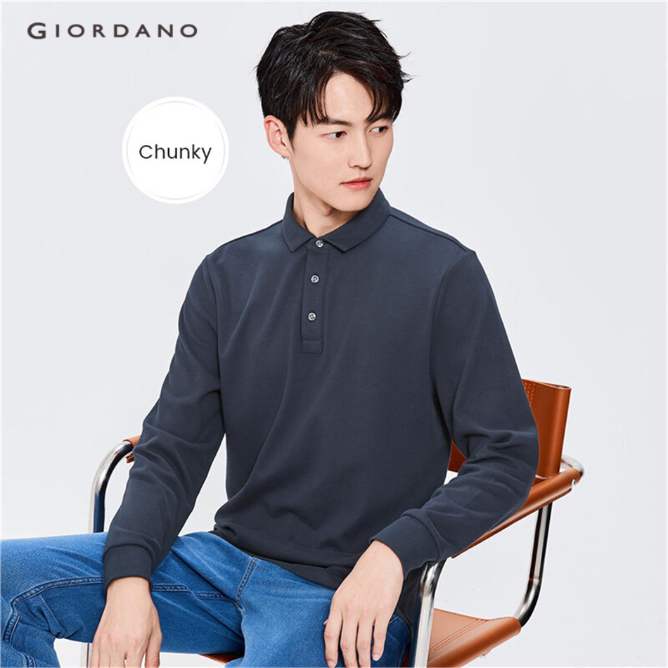 GIORDANO MEN 100% Katun warna solid lengan panjang polo shirt 01014781 |SQA7x9mJ|