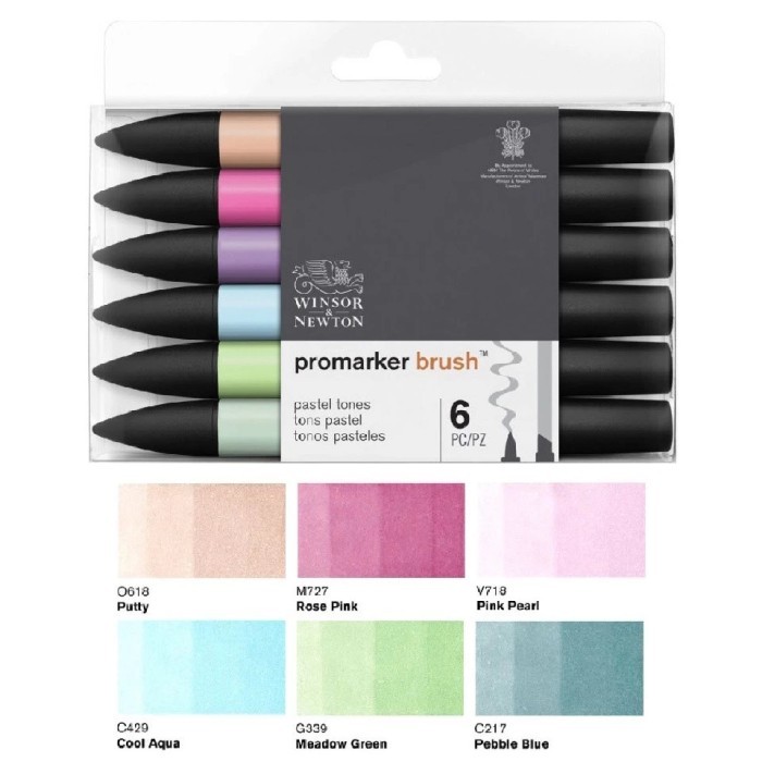 

T E R B A R U Brush Marker Winsor Newton Promarker Brush Pen Set 6 Dual Point-Pastel Tones