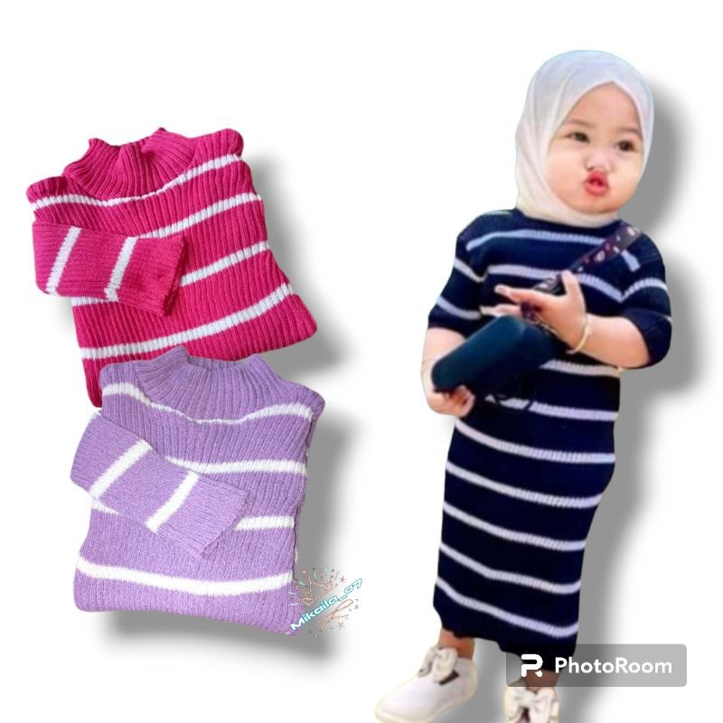 Gamis Muslim Casual Dress Rajut Anak Salur Lengan Panjang 1-3th Korean Style Baju Rajut Anak