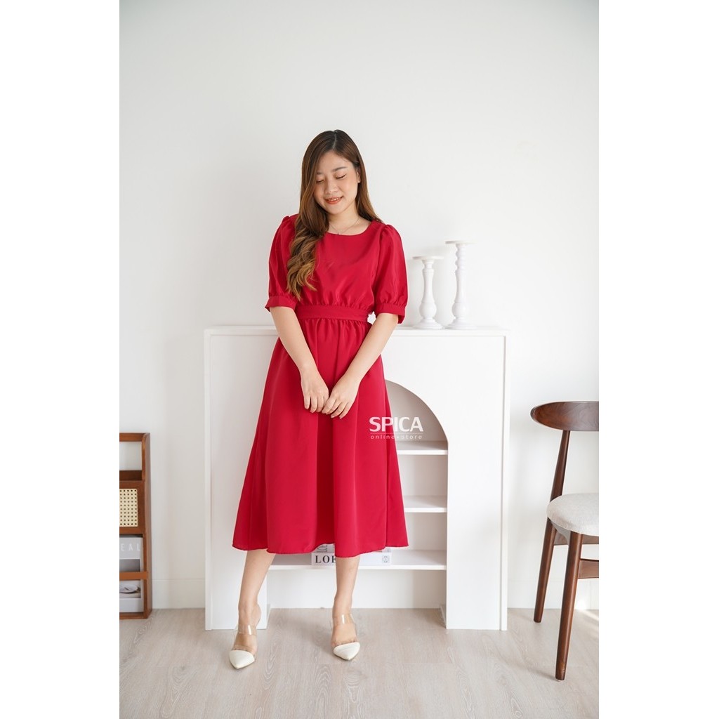 BRG BARU Dress Natal Imlek Sangjit Flare Dress Merah Midi - Allure Crimson