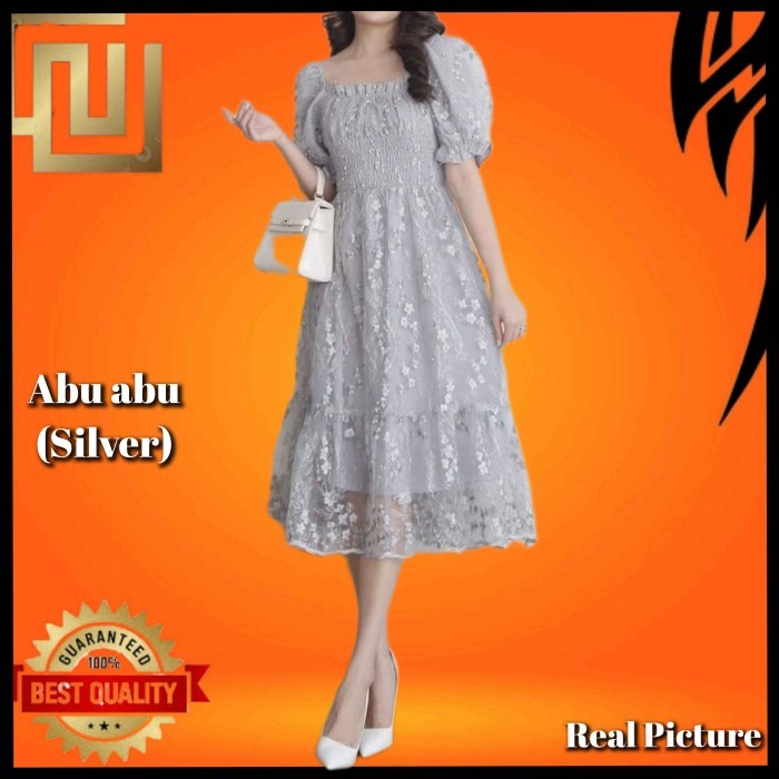 TERMURAH midi dress wanita brukat ailsie baju gaun pesta korea natal silver