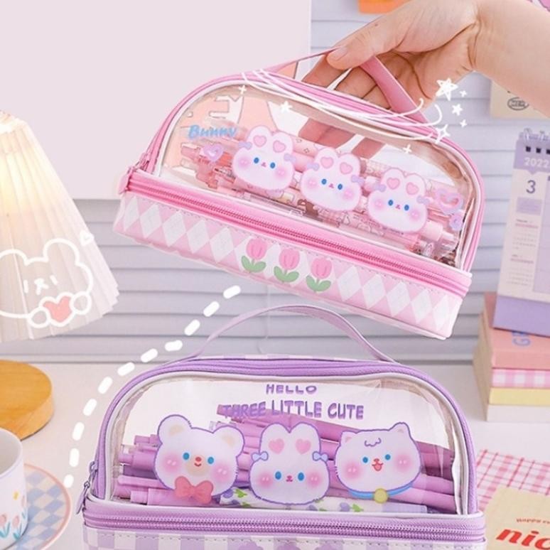 

se-7 Tempat Pensil Besar,Transparan PVC Pencil Case, Tas Pensil Murid Lucu,Kotak Pensil Anak Esthetis Sale