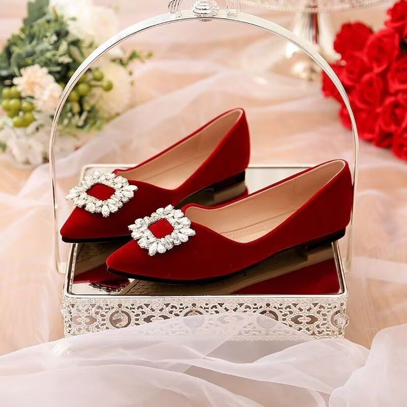 Flat Pumps Women's New All-Match Red Wedding Shoes Two-Way Bridesmaid Bridal Shoes