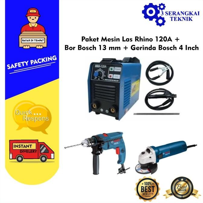 Paket Mesin Las Rhino 120A + Bor Bosch 13 mm + Gerinda Bosch 4 Inch
