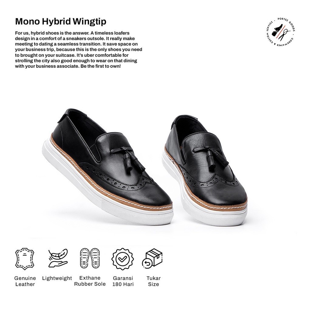 Portee Goods Sepatu Kulit Sneakers Pria Mono Hybrid Wingtip Hitam