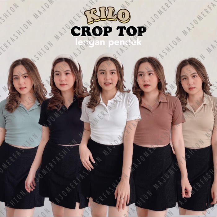 Kilo Crop Top Lengan Pendek Crop Top V Kerah Rib Kaos